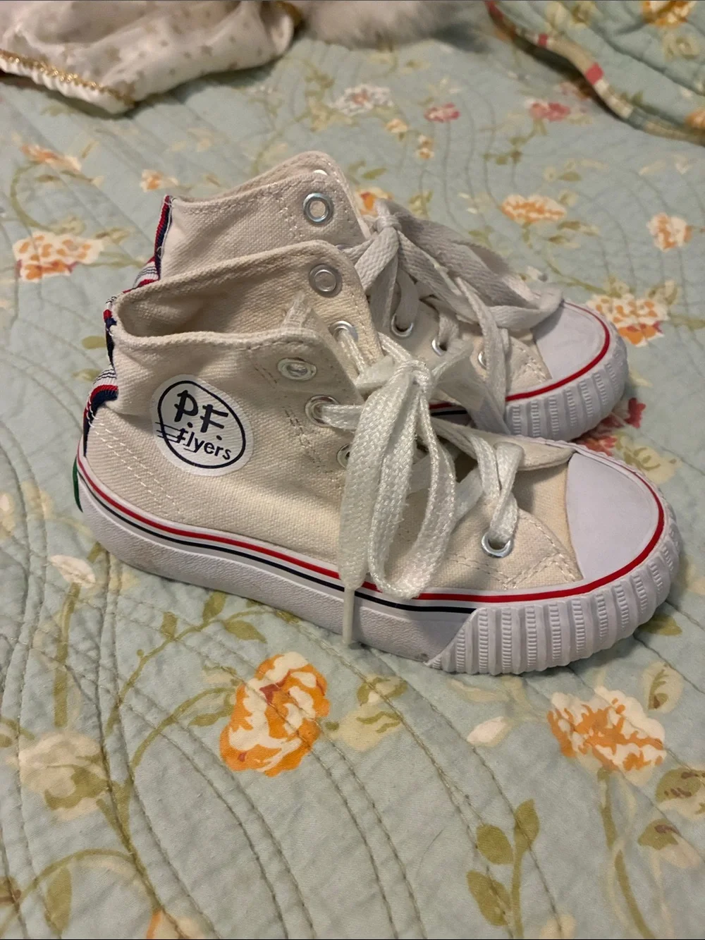P.F. Flyers Kids High-Top Canvas Sneakers in Off-White with Red Trim